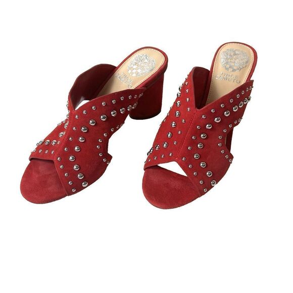 Vince Camuto Red Heeled Sandals Womens 6M Red Suede Studded Slip On Open Toe New - Picture 3 of 12